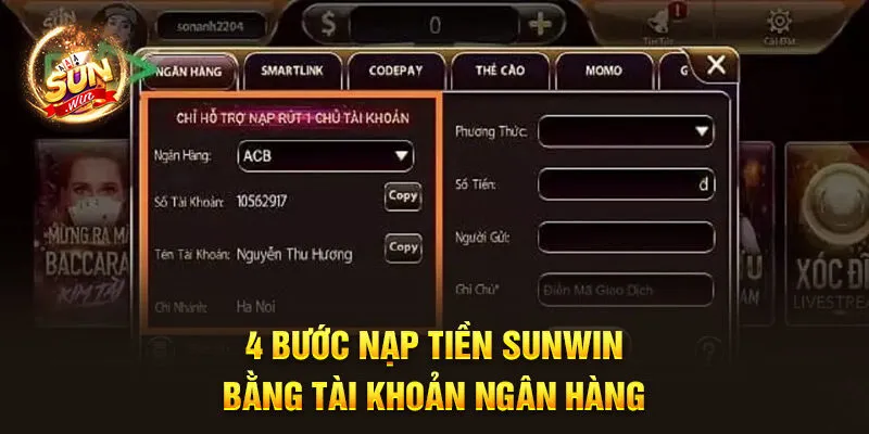 4 bước nạp tiền Sunwin bằng tài khoản ngân hàng